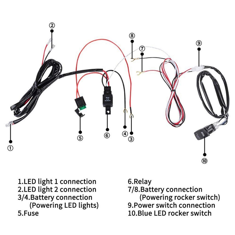 LED Light Bar Rocker Switch Wiring Harness 40A Relay Fuse Kit 12V SUV ATV Blue