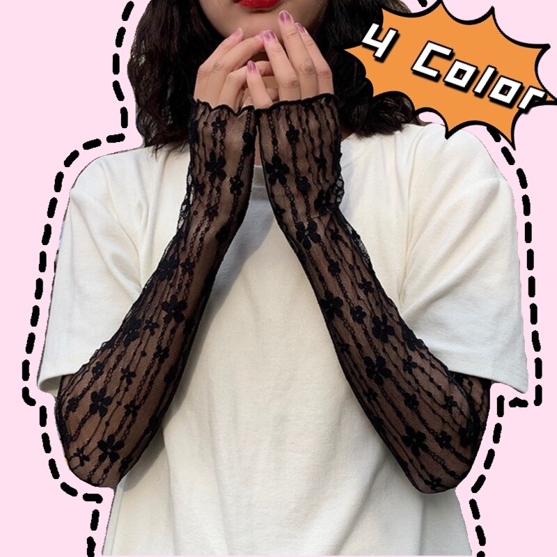 Long Lace Hollow-Out Fingerless Gloves Sun Protection Sleeves Mesh Lace Thin Cycling Sexy Lolita Punk Gloves