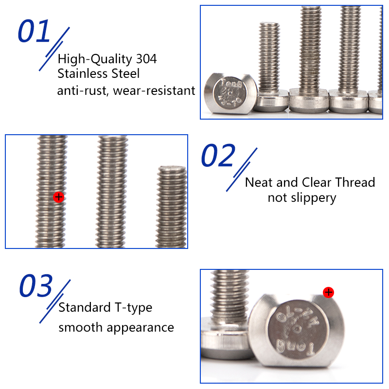 M8 M10 Stainless Steel 304 T-Head Bolts T-Slot Screw Square Bolt T-head Screws T-bolt Solid Fasteners Length 12mm-60mm