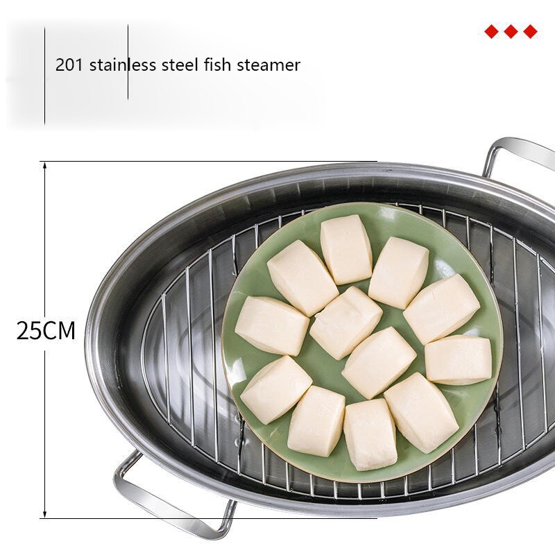 HE-Stainless Steel Thickened Oval Fish Steamer Glass Cover Soup Steamer Kitchen Multi Purpose Cooker