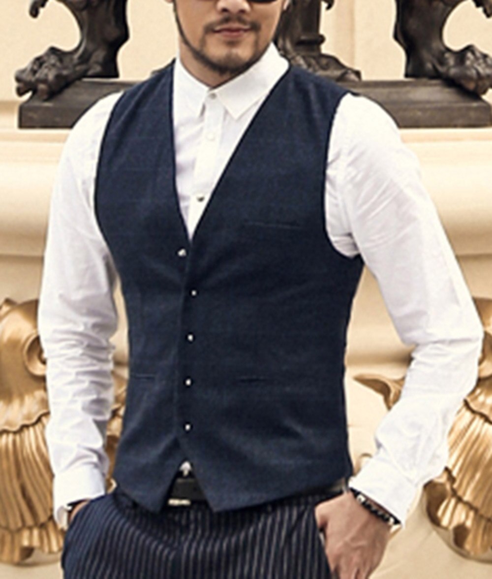 Herre jakkesæt vest plaid hals uld brun enkeltradet slim fit casual formel business groomman vest til bryllup bedste mand