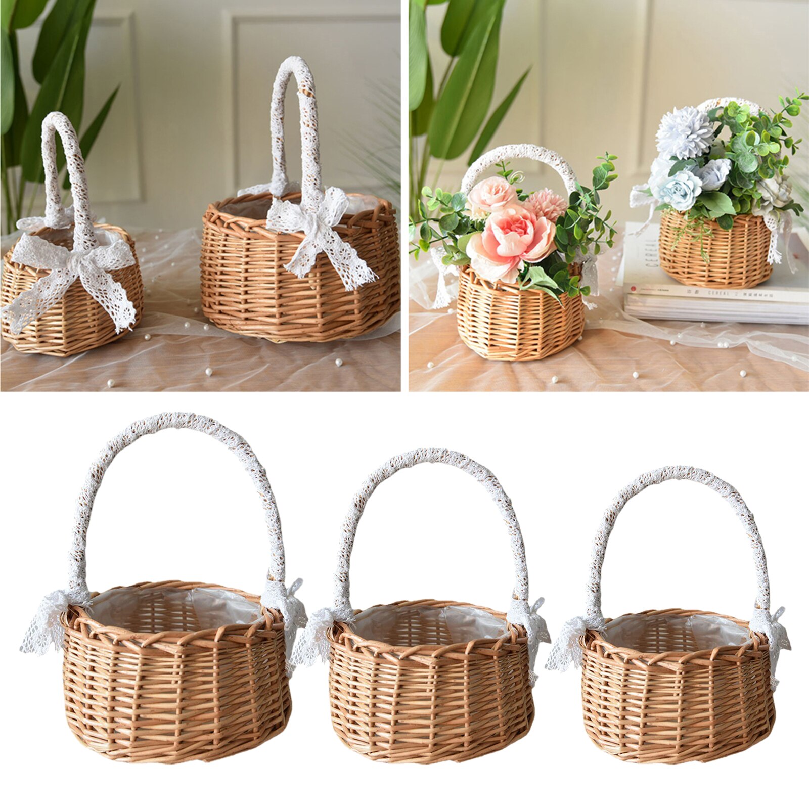Natural Rattan Storage Basket Handmade Wedding Flower Girls Wicker Plant Holder