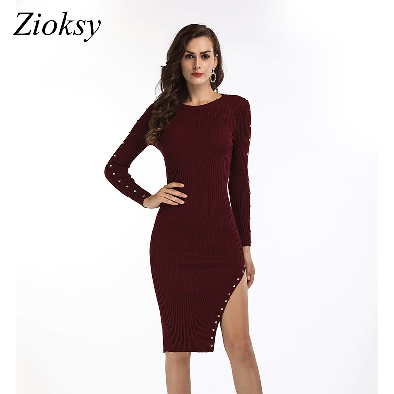 Herfst Winter Gebreide Bodycon Vrouwen Jurk Party Solid O-hals Lange Mouw Knie Lengte Side Slit Schede Jurk