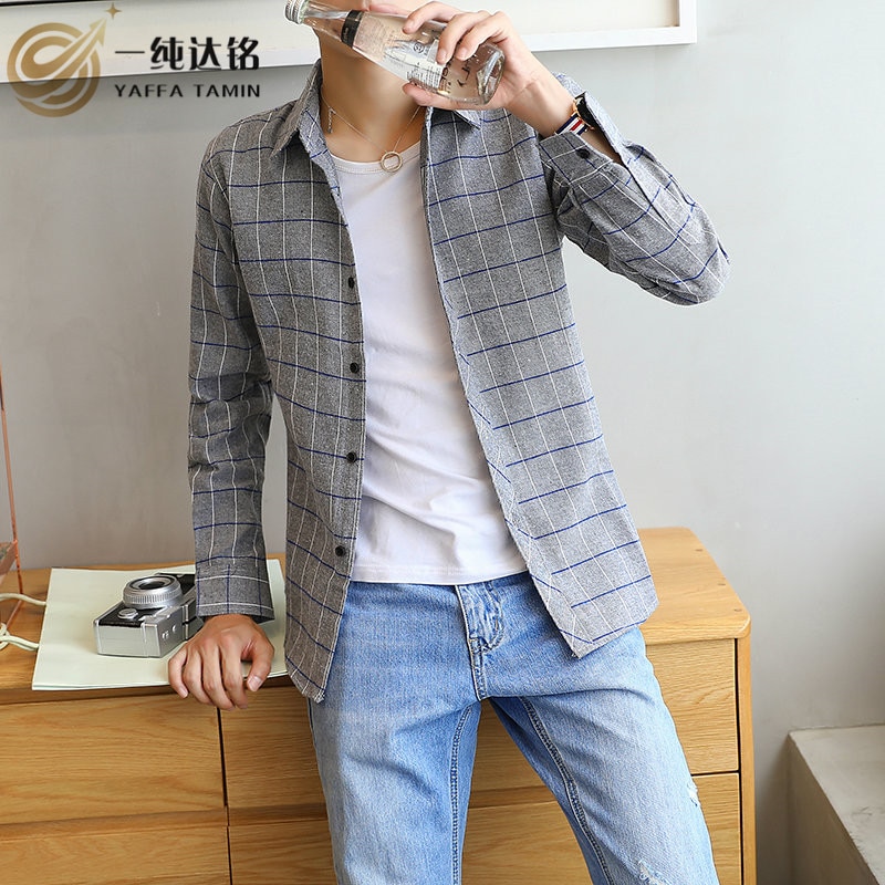 Camisas a cuadros grises, camisas informales de algodón 100% a rayas, camisas de hombre con cuello vuelto, camisas de tela ancha para hombres, camisetas a la de Top Boy