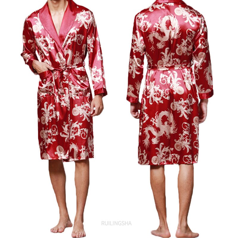 Stilfuld #39 badekåbe silke kimono lange ærmer morgenkåbe kinesisk lucky dragon print pyjamas mænd kjole badekåbe mænd hjemmetøj maskulin