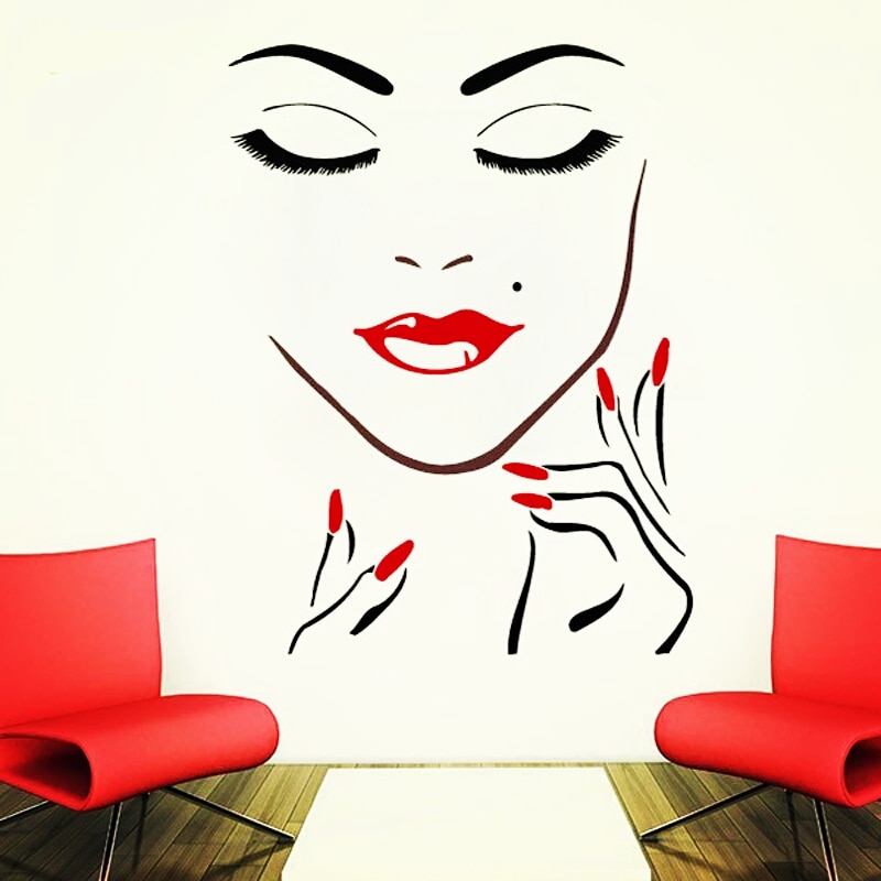 Pegatina de vinilo para cara de chica de belleza, pegatina de pared para manicura, labios y maquillaje, pegatina para ventana de salón de belleza, decoración de pestañas, AZ043