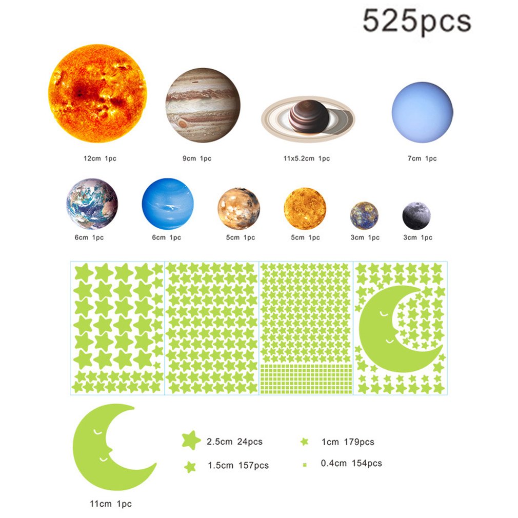 Nine Planets The Solar System Luminous Moon Glowing Wall Stickers Bedroom Background Decorative Wall Sticker 3601+3614