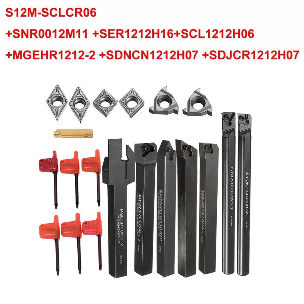 21Pcs/Set 12mm Shank Lathe Turning Tool Holder Boring Bar + Insert Blades + Wrench S12M-SCLCR06/SER1212H16/SCL1212H06