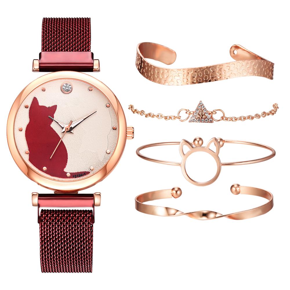 5 st/set dam klockor roséguld armband set kattmönster svart magnet klocka dam armband armbandsur lyx kvarts klocka: 5 st röd uppsättning