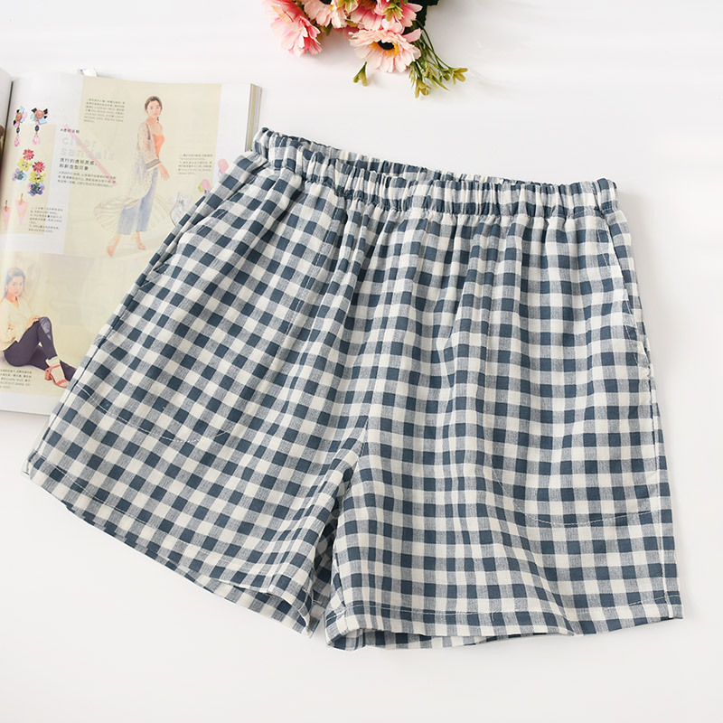 Cuplu de vară pantaloni scurți în carouri tifon de bumbac pantaloni subțiri de pijama îmbrăcăminte de dormit pentru femei pantaloni de noapte pantaloni de noapte: Cyan feminin / L