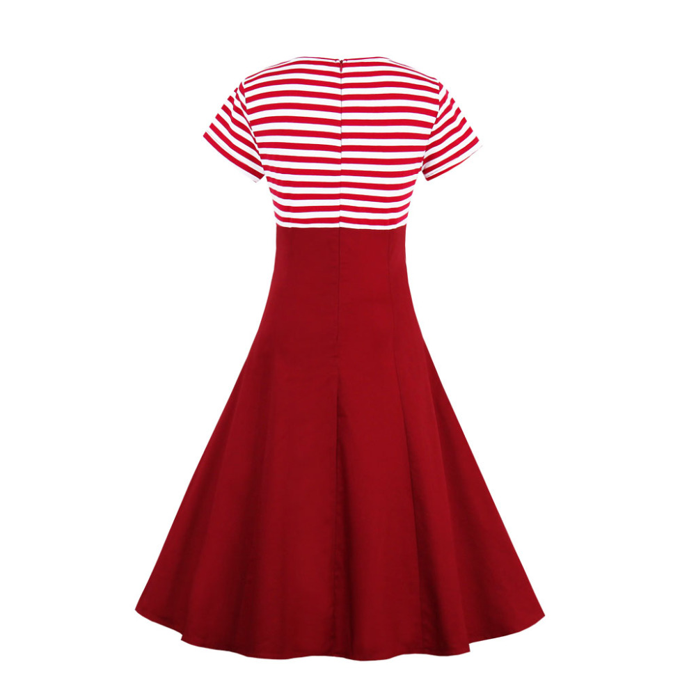 3xl 4xl plus size kvinder pin up rød hvid stribet patchwork kjole retro korte ærmer botton dekoreret 1950s vintage kjole