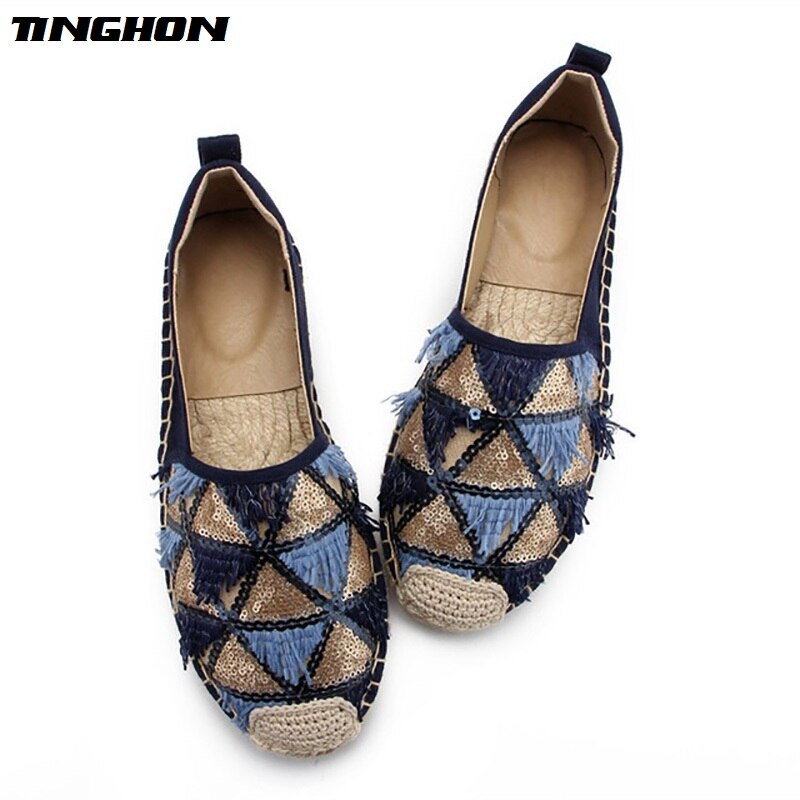 TINGHON Tassel Sequin Espadrilles Comfortable Slip-on Womens Casual Slippers Breathable Flax Hemp Canvas Girls Shoes