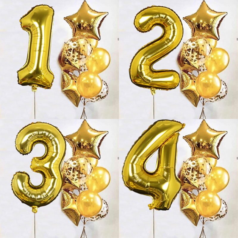 1set Gold 32inch Foil Number Balloons Birthday Party Decorations Star Ballon Kids Boy Girl 1st 1 2 3 4 Years Supplies Globos