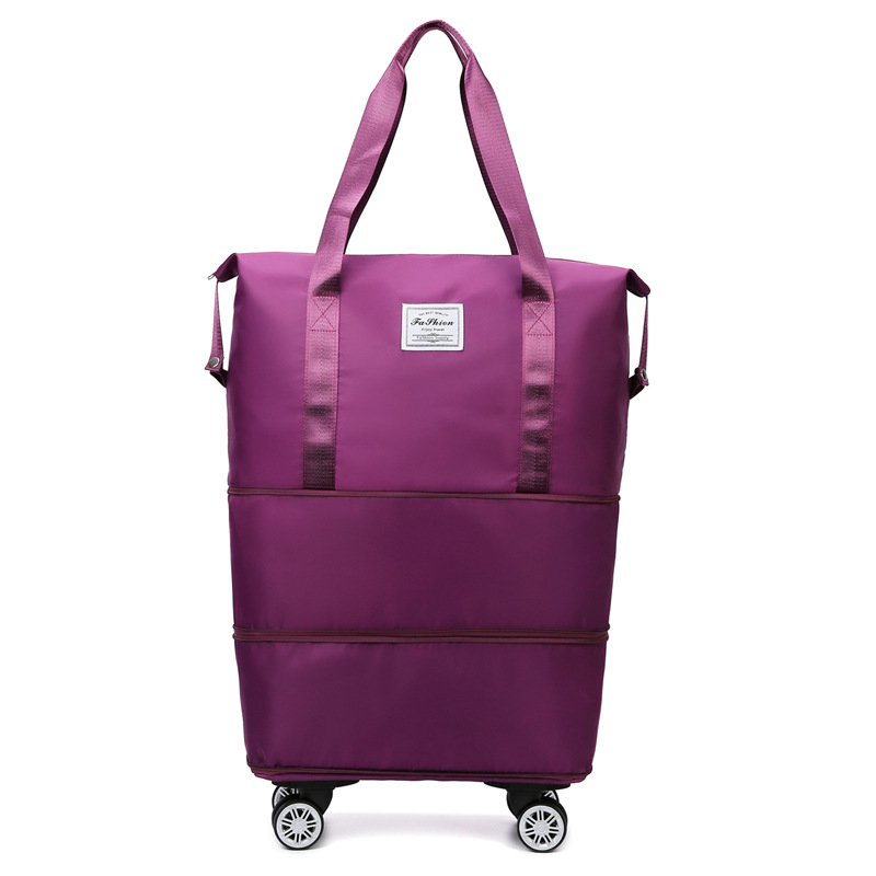 Bolsa de equipaje expandible con ruedas, paquete de lona con ruedas, maleta de viaje plegable, bolsillo con asa, bolsa de almacenamiento de equipaje de viaje húmeda y seca: Morado