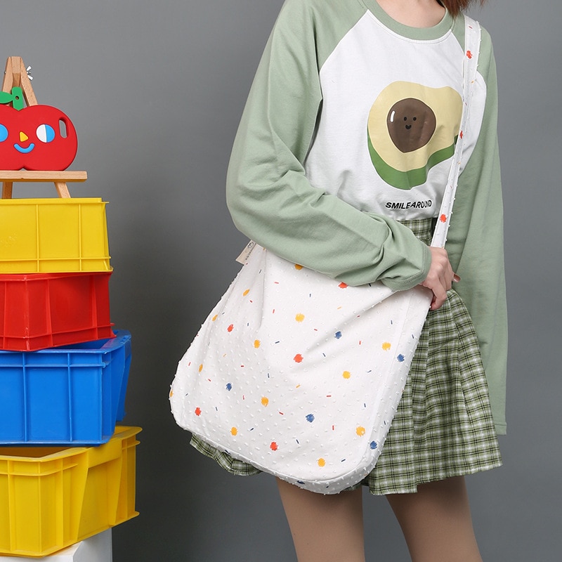 Polka Dots Women Canvas Bag Colorful Print Shoulder Bags Large Capacity Plush Dot Cloth Messenger Bags Shoulder Bag For Ladies