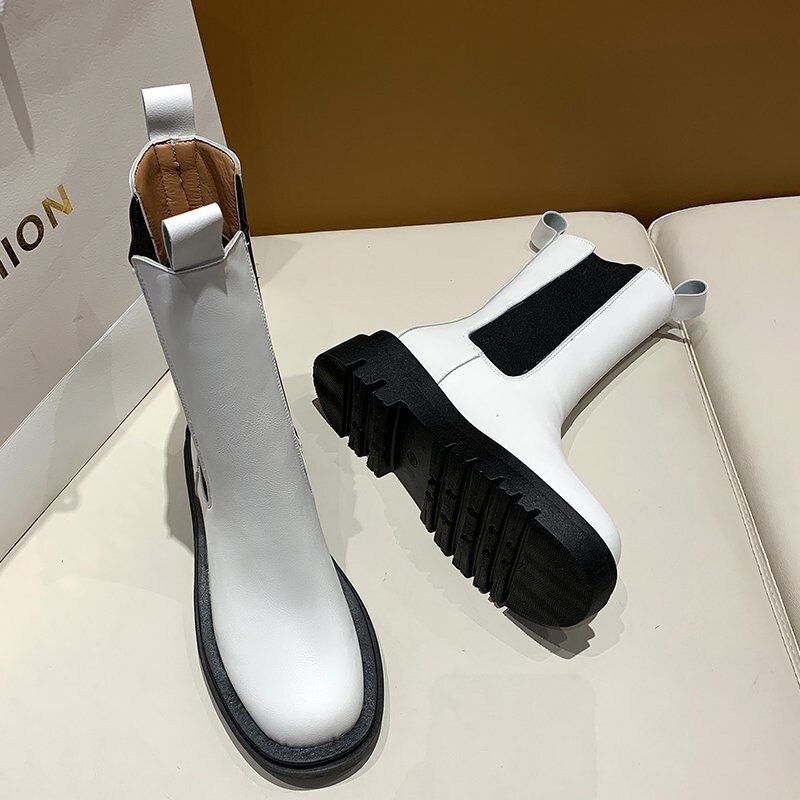 Kvinnor botas fyrkantig tå plattform tjock klack mid-calf boots kvinna slip-on chelsea booties höst vinter vit