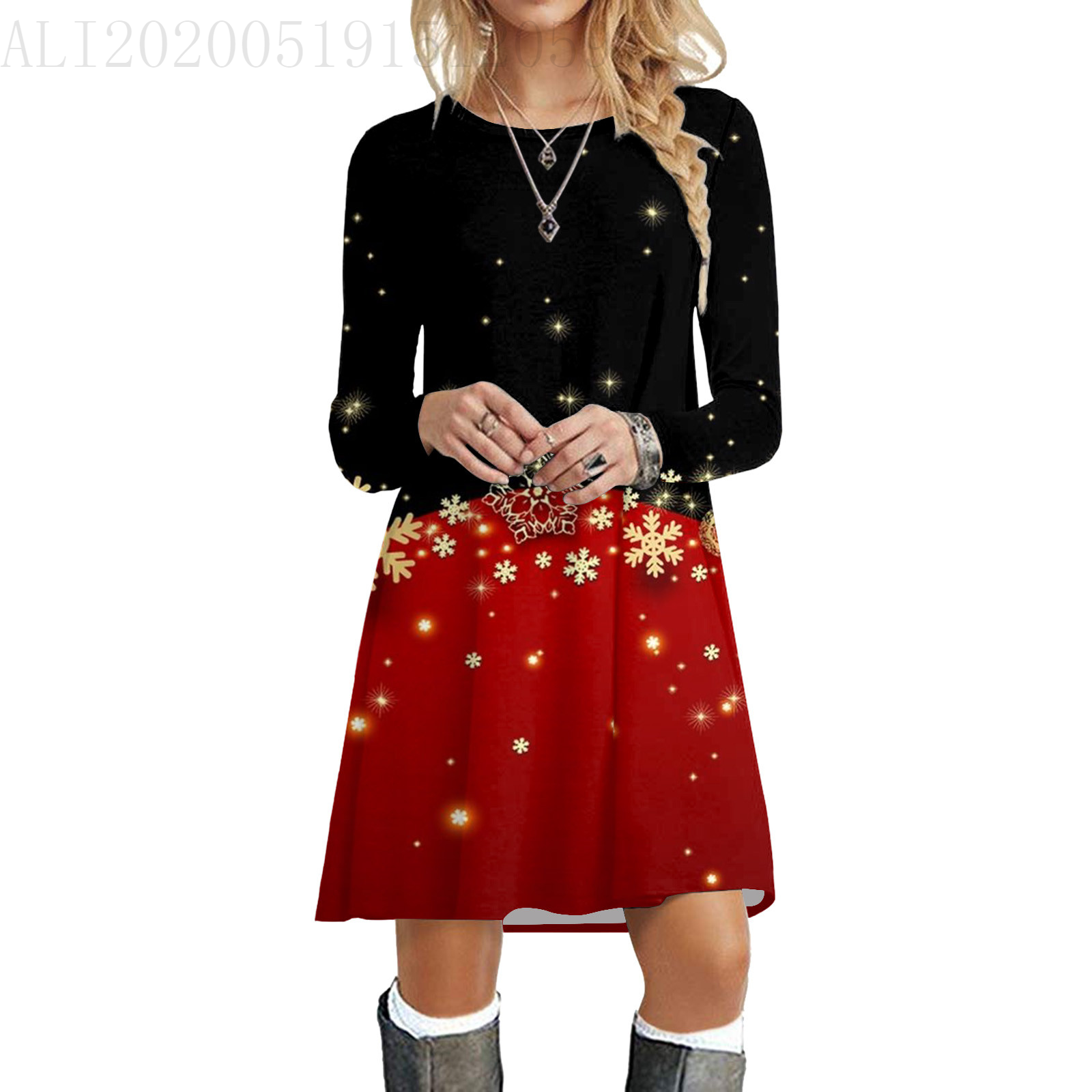 Niedliche Weihnachts-Elch-Druck-Kleider für Herbst, modisch, langärmelig, lockeres A-Linien-Kleid, lässig, Damen-Partykleid, 2023, Winterkleidung: XXL / Braun