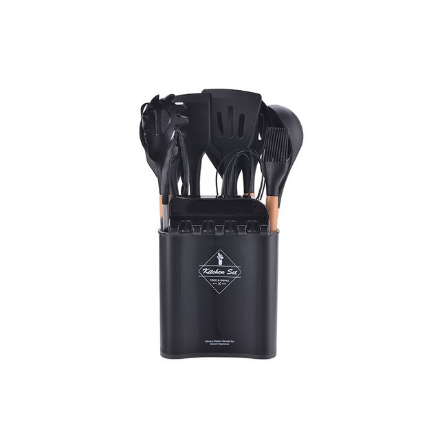 Silicone Cooking Utenils Spatula Spoon Kitchen set Wooden Handle Silicone Kitchenware Set on-Stick Cooker Cooking Spoon: Black