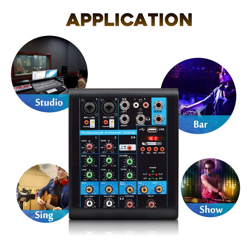 Mini Draagbare Audio Mixer Met Usb Dj Sound Mixing Console MP3 Jack 4 Channel Karaoke 48V Versterker Voor Karaoke ktv Match Party