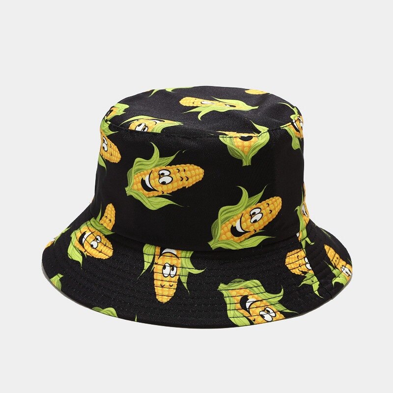 Cartoon Printed Cute Bucket Hat Summer Reversible Fishermant Hat For Women Men Street Hip Hop Fishing Cap Gorro: corn black
