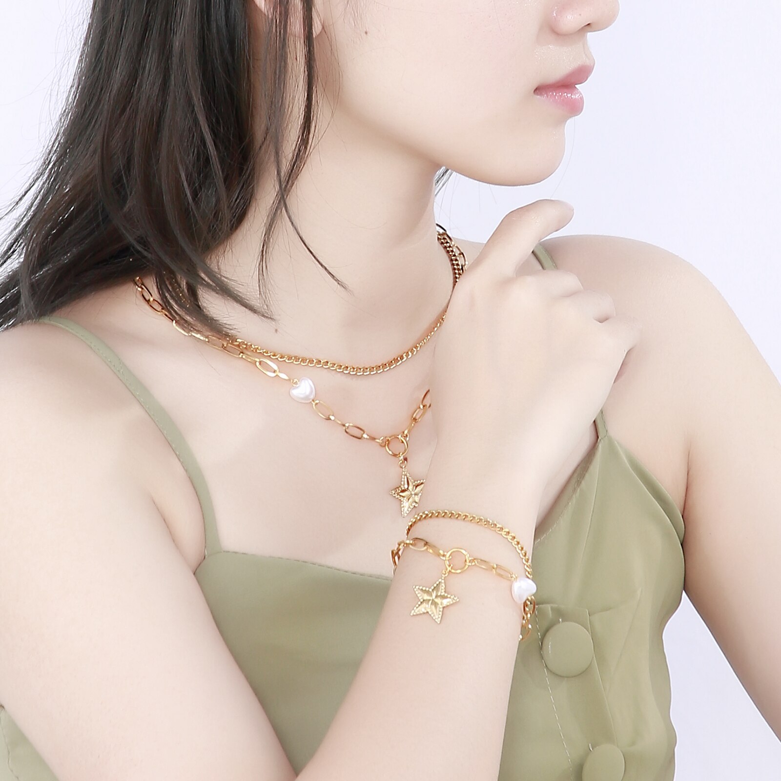 Kalen Dubbele Ketting Parel Ster Meisje Bedelarmband Dubbele Laag Goud Figaro Collier Voor Vrouwen Gouden Cubaanse Ketting