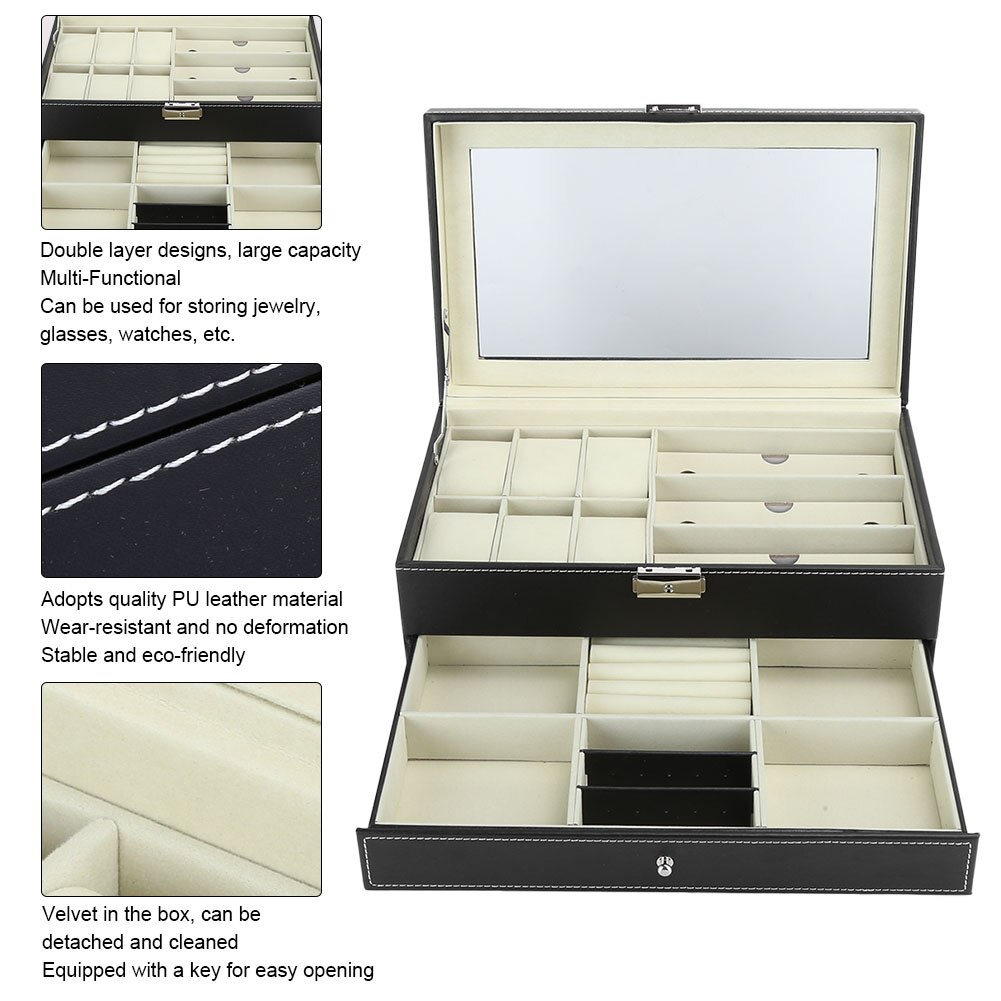 Horloge Opbergdoos Dubbele Laag Grote Capaciteit Pu Lederen Sieraden Oorbel Ring Ketting Glazen Display Case Organizer Houder
