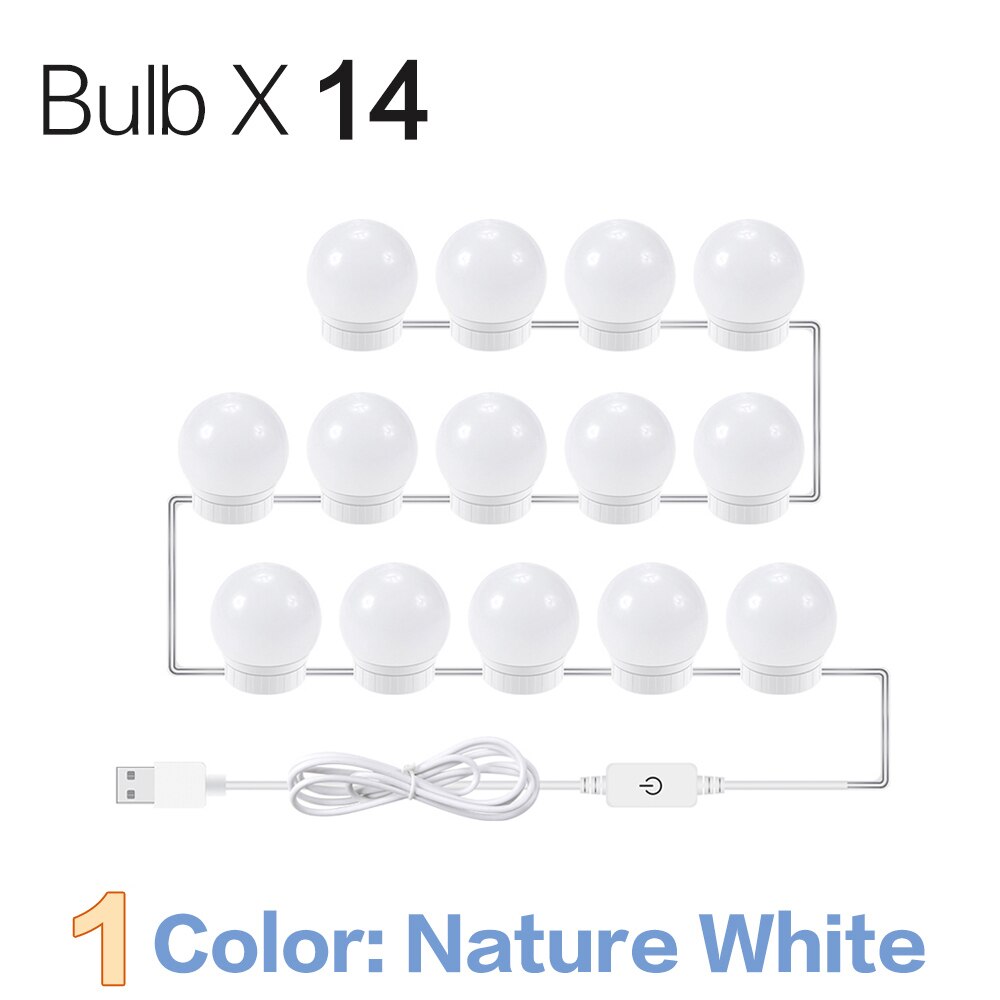 3 Modes Kleuren Make-Up Spiegel Licht Led Touch Dimmen Ijdelheid Kaptafel Lamp Usb Hollywood Make Up Spiegel wandlamp: Nature White 14Bulbs
