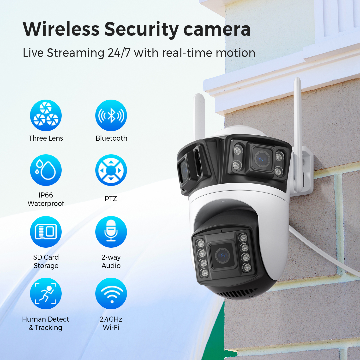 BESDER 6K 12MP HD Three Screen WIFI IP Camera Outdoor Three Lens Ai Human Detection Waterproof CCTV Video Security Camera iCsee