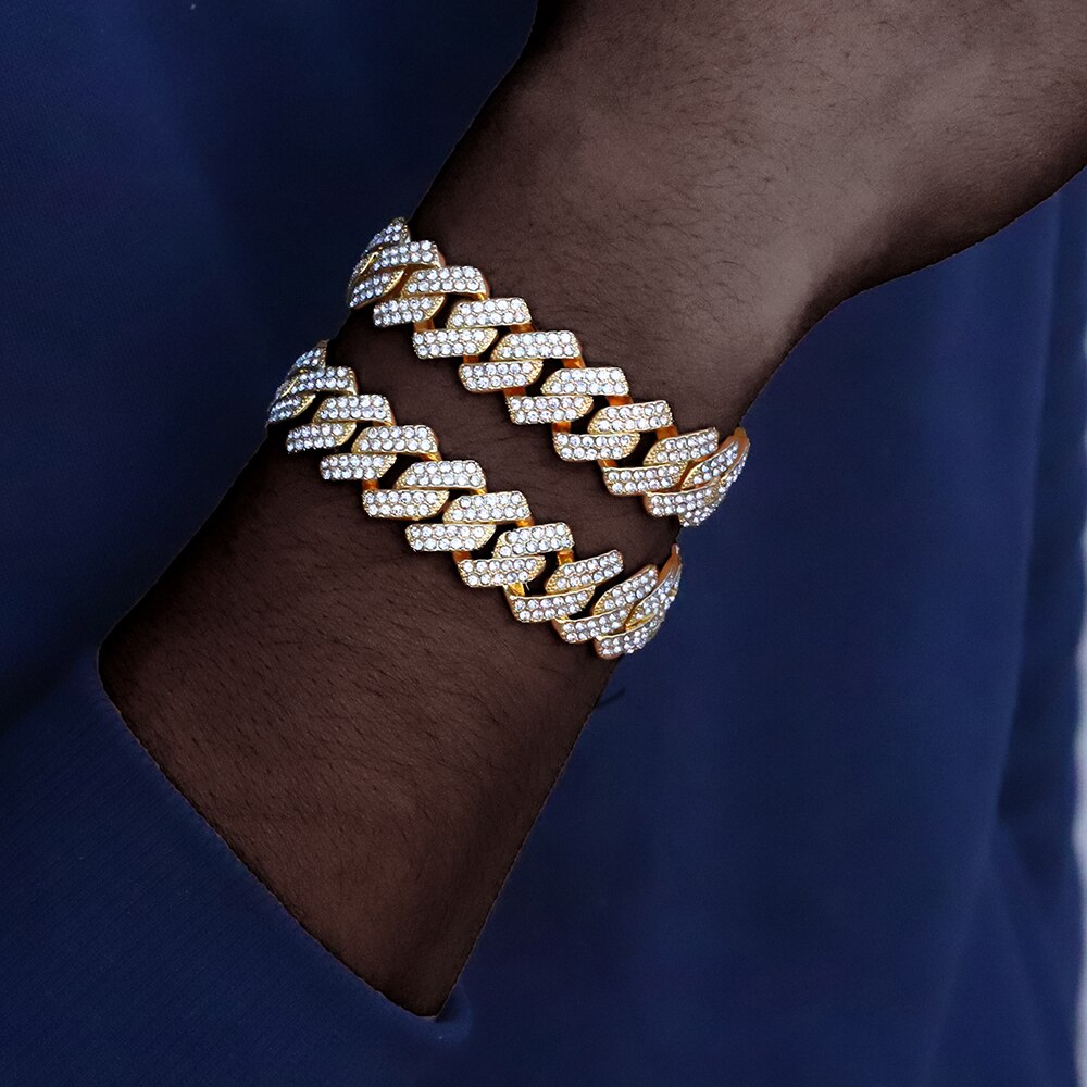 Iced Out Cubaanse Ketting Armband Hip Hop Sieraden Gouden Ketting Silver Rhinestone Cz Sluiting Voor Mens Rapper Bedelarmband Vrouwen links