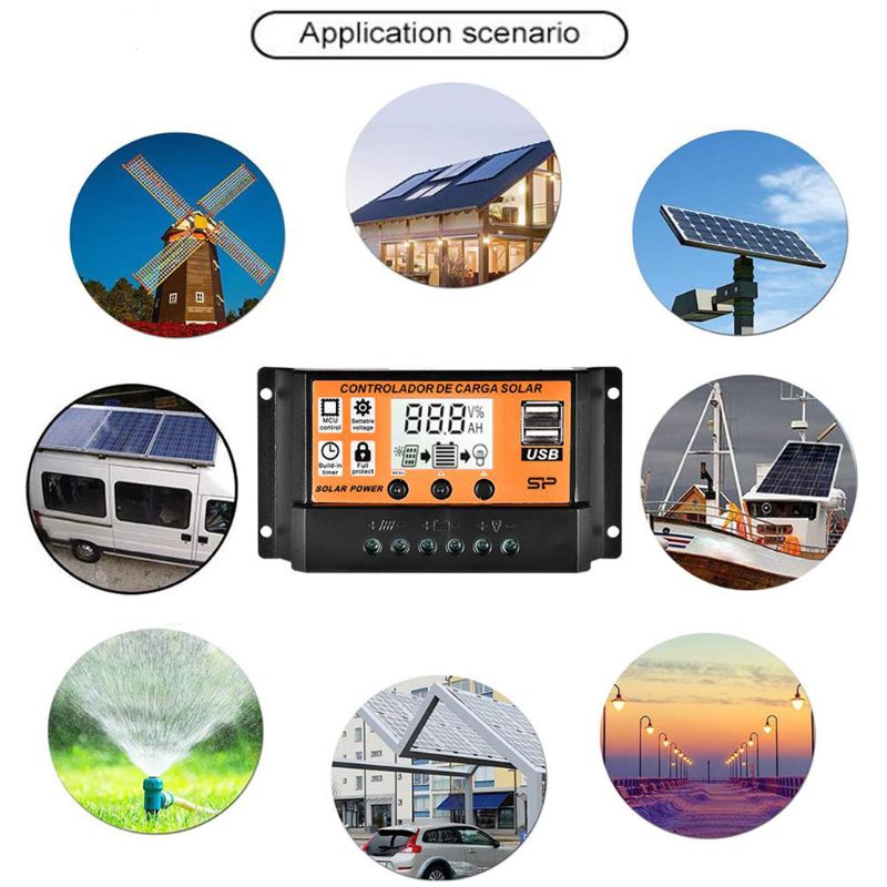 10A/20A/30A/40A/50A/60A/70A/80A/90A/100A samochodowy wyświetlacz LCD ekran Regulator ładowania słonecznego podwójny USB Regulator panelu słonecznego 12V24V Powe