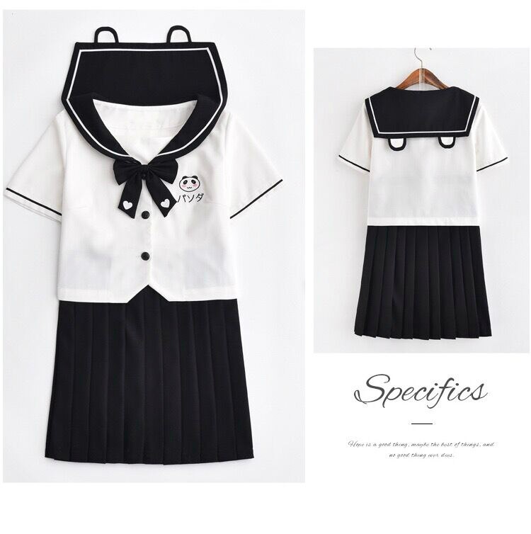 Japanese JK Uniforms College Cute Panda Embroidery Short-Sleeved Tops Pleated Skirt Suit Female Summer school girl uniform: S