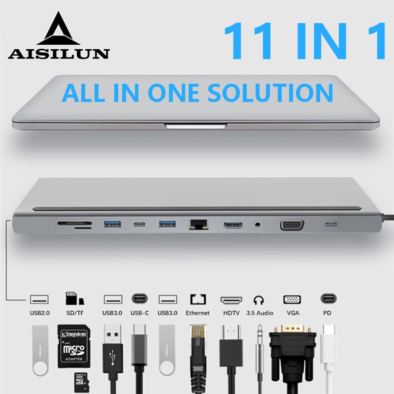 Estación de acoplamiento para ordenador portátil 11 en 1 Hub tipo C con adaptador USB, HDMI, VGA, RJ45, PD para MacBook HP, Lenovo Surface, Compatible con Thunderbolt 3