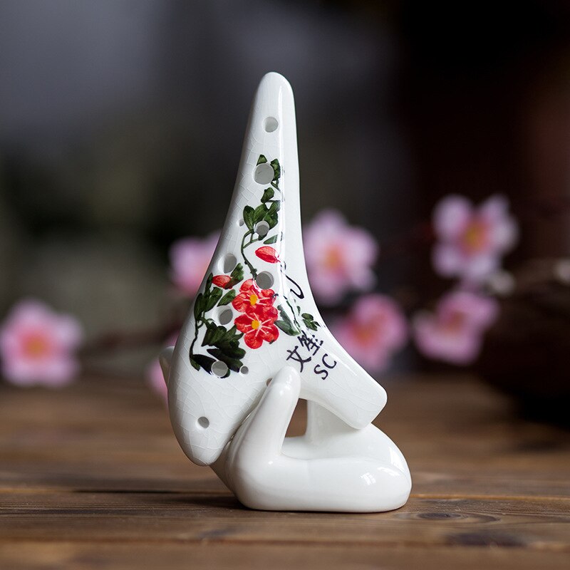 Ocarina ajustable SC para principiantes, instrumento de dos cuerdas de cerámica pintada con grietas + 12 agujeros, artes y artesanías
