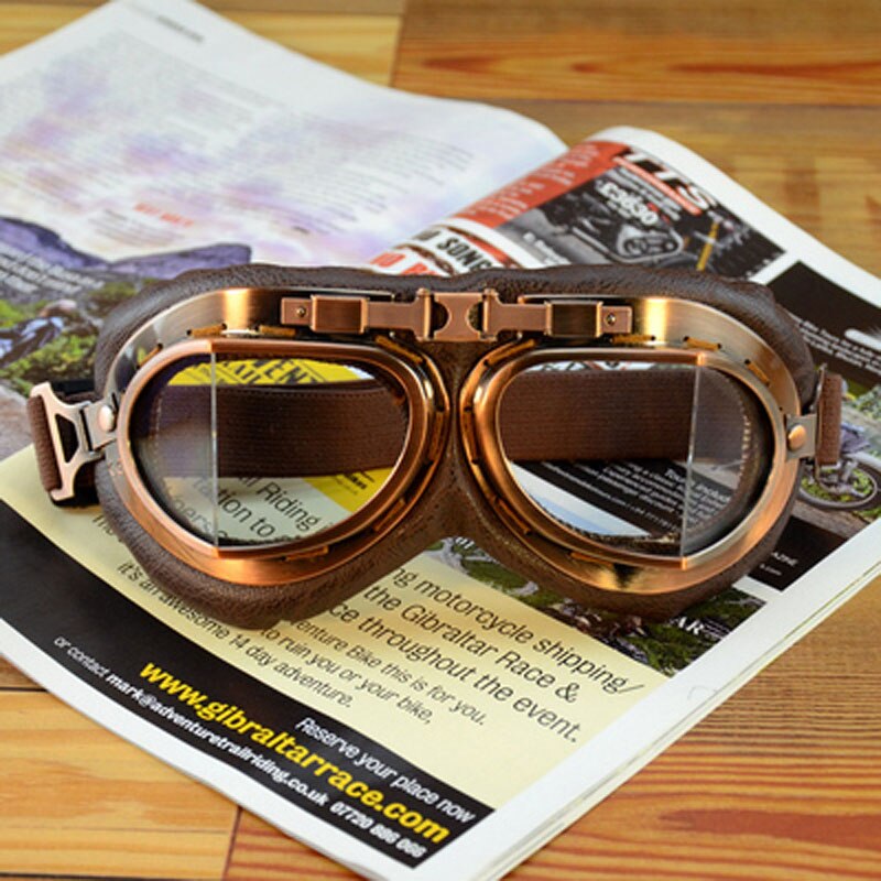 Lunettes de moto pour casque, pour pilote aviateur, rétro, en cuir PU, cuivre lunettes, pour Cruiser Cafe Racer: C