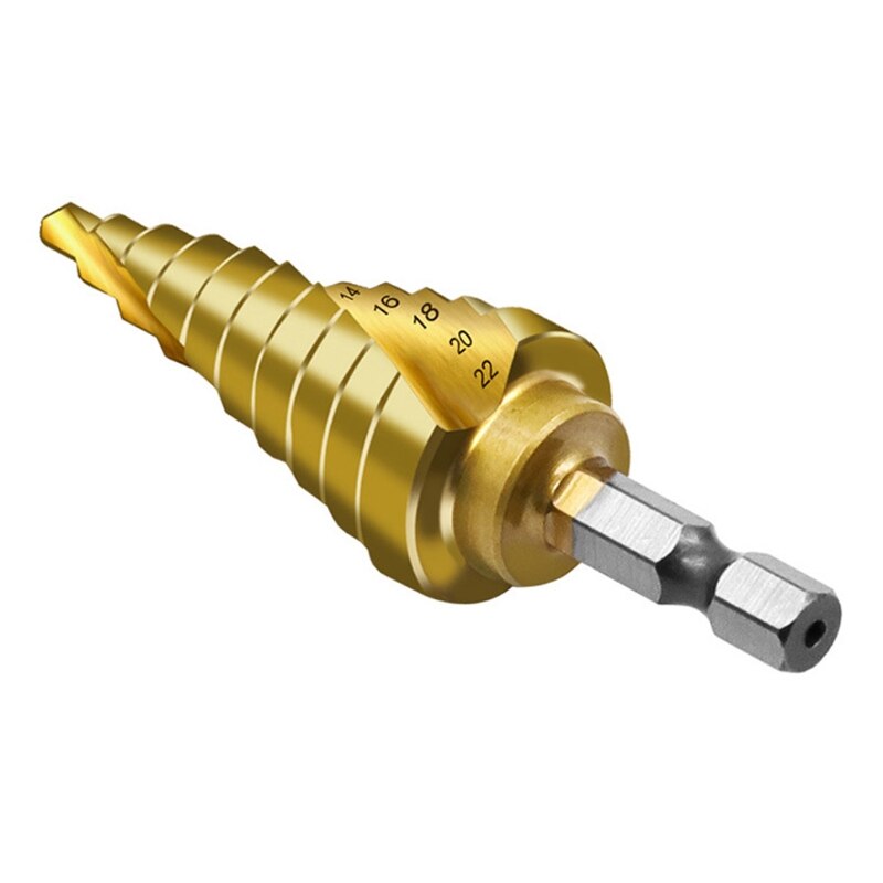 4-22mm Titanium Coated Spiral Slot 4241 Hexagon Shank Pagoda Drill Step Drill Bit High Speed Steel Reaming Drill Hole Spiral Gro