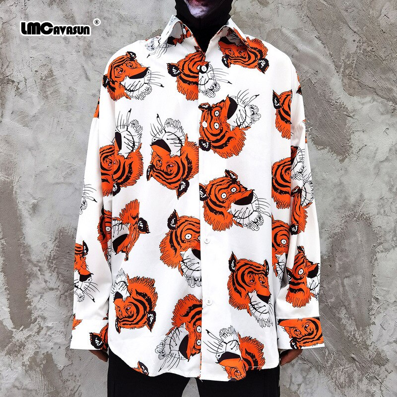 Lmcavasun lente en herfst harajuku stijl tijgerprint shirt met lange mouwen losse plus size hawaiiaanse shirts voor mannen en vrouwen: Wit / M