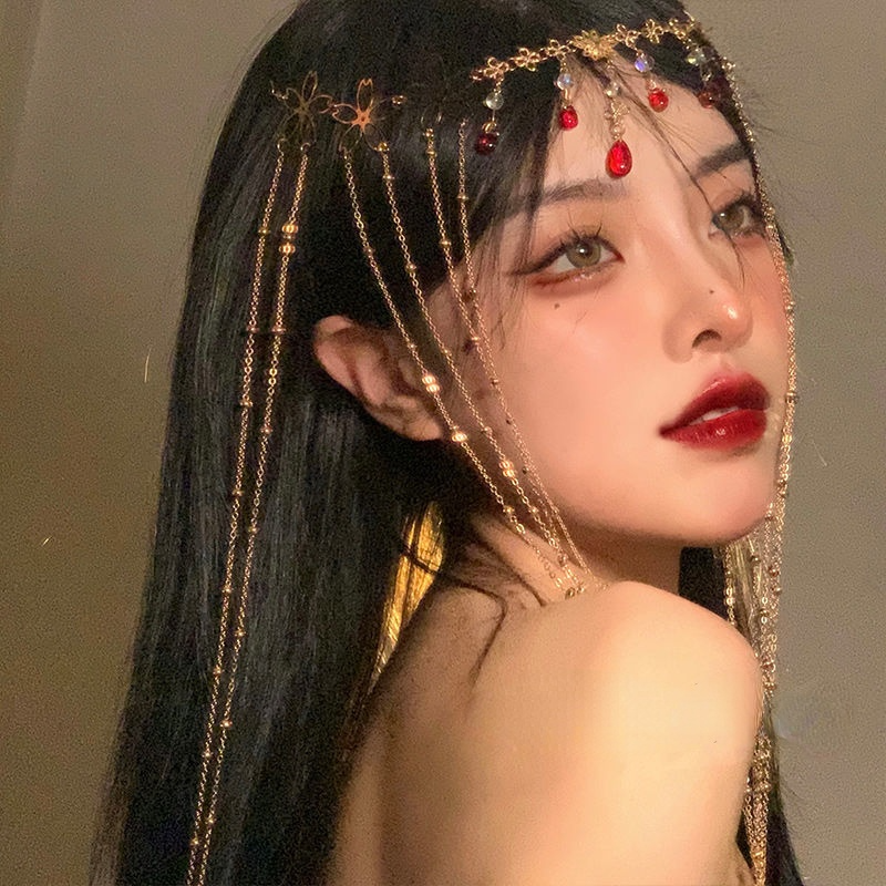 Adornos para el pelo de hadas para mujer, cadena para la frente, cortina facial, tocado de Halloween de hadas de lujo Retro, accesorios para el cabello, diadema de cristal: Red