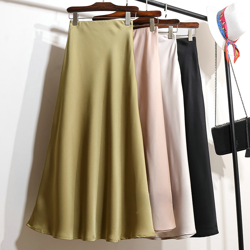 Højtaljet a-linje nederdel til kvinder satin silke ensfarvede nederdele kontordame elastisk talje dame lang nederdel sommer