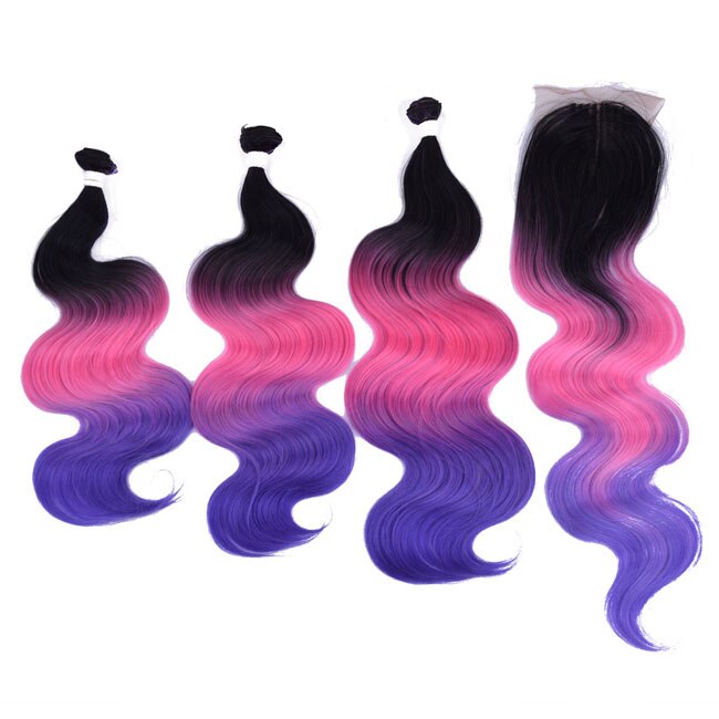 16-20inch Body Wave Synthetic Ombre Hair Bundles With Closure Purple Pink Green Middle Part 4Pieces/lot 230g: Natural Color