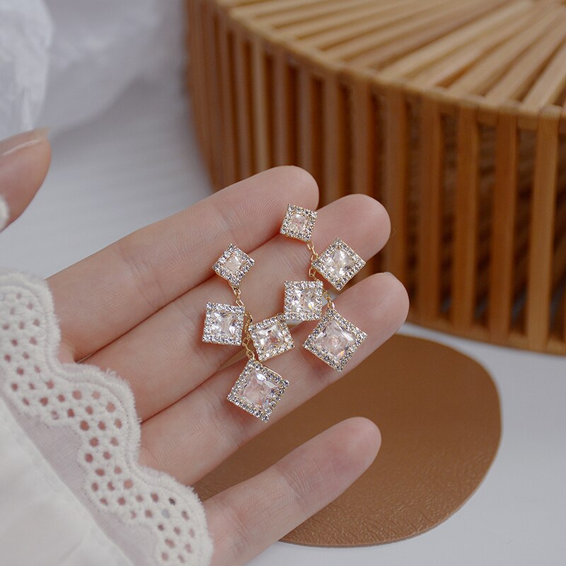 Korean Cube Geometric Earring for Women AAA Bling Top Crystal Zircon Stud Earrings Birthday Pendant