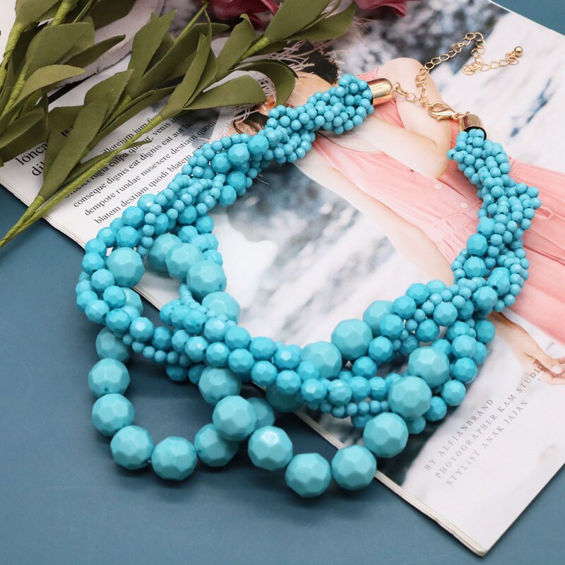 Gult mörkrött flätat halsband med akrylpärlor: Antik bronspläterad