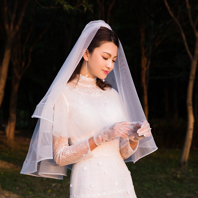 velo de novia de dos capas blanco yema del dedo velo corto nupcial 2T velos de boda con peine Borde de tul fuerte