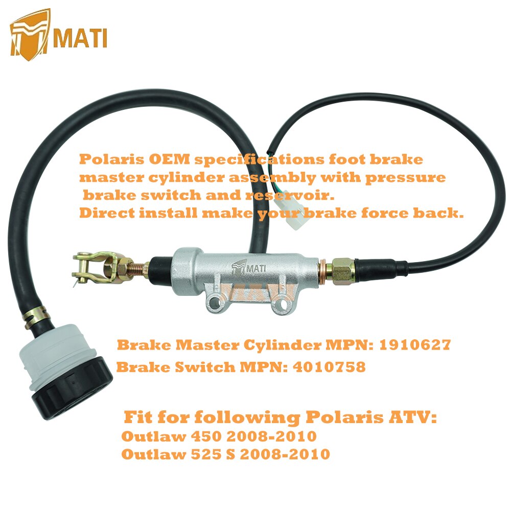 Mati Rear Foot Brake Master Cylinder Assembly with Pressure Brake Switch for Polaris ATV Outlaw 450 525 S 1910627 4010758