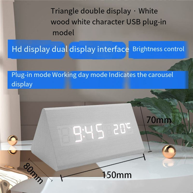 FORW-digitale klok Houten geluidsregeling LED-wekker met temperatuur USB-desktopklokken Snooze