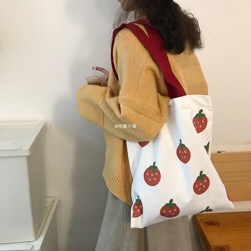 Einkaufstaschen Frauen Erdbeere Gedruckt Kawaii Nette eins Leinwand Tasche Große Kapazität Frauen eins Handtasche Schüler Tote Tasche Ulzzang Neue: 2