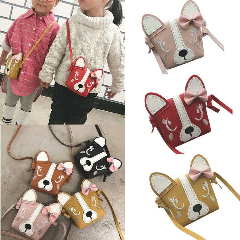 Mini bolso de hombro de piel sintética para niños y niñas, bolsa de mensajero informal con lazo de perro bonito