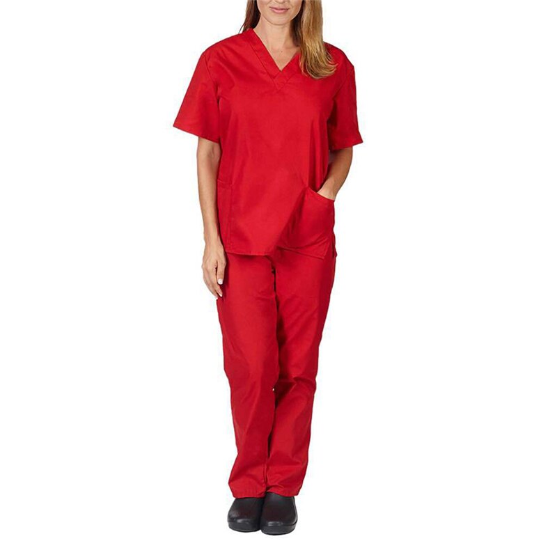 Vrouwen Mannen Werkkleding Korte Mouwen V-hals Tops + Broek Verpleging Werken Uniform Pak Scrub Uniform Overalls Kleding: red / M