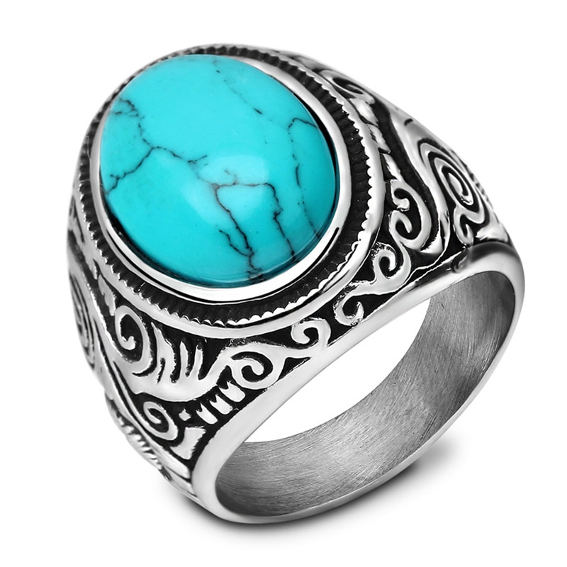 Zorcvens Enorme Blue Onyx Stone Retro Sieraden Titanium Stalen Ring Man Ring Sieraden