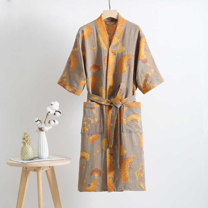 Albornoz de gasa de doble capa de algodón puro para primavera/verano, tela fina teñida, ropa de hogar para parejas, bata tipo kimono de estilo japonés, pijama: L / Plata