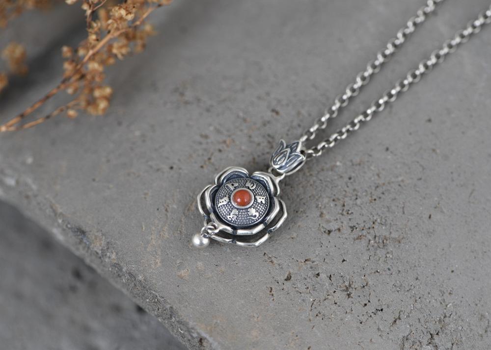 100% 925 Zilveren Tibetaanse Lotus Zes Woorden Hanger 925 Sterling Boeddhistische Om Mani Padme Hum Hanger Tibetaanse Geluk Hanger